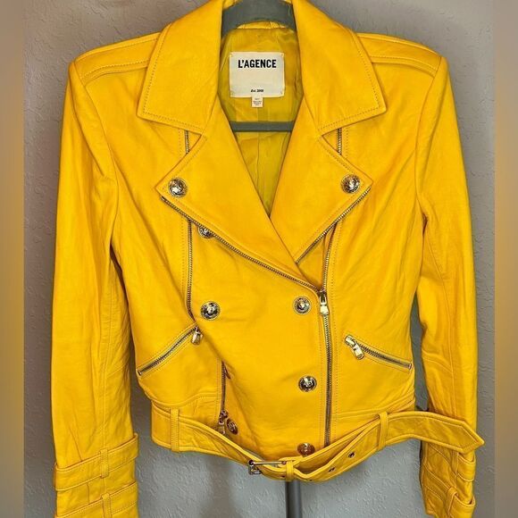 L'AGENCE Jackets & Blazers - L’AGENCE Billie Belted Lambskin Leather Yellow Double Breasted Moto Jacket XS